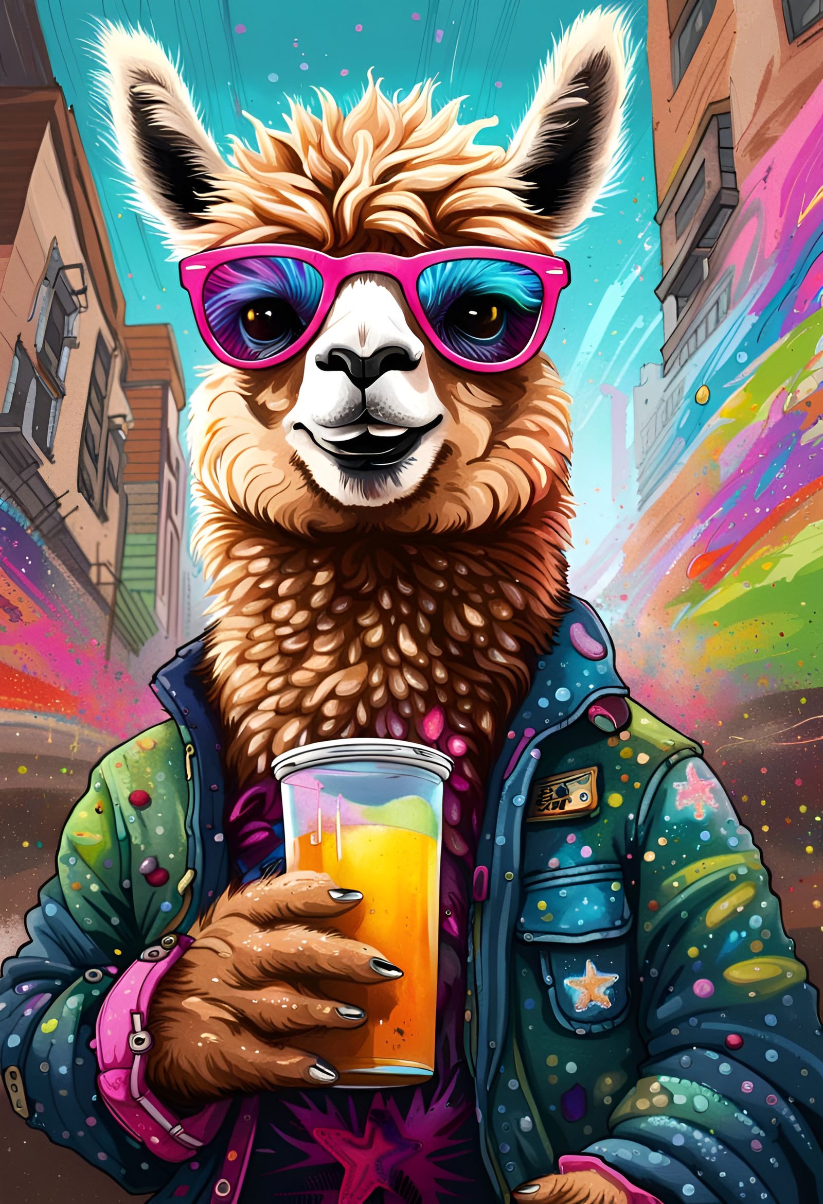 Punk Rock Alpaca Sipping Juice: Detailed Digital Graffiti