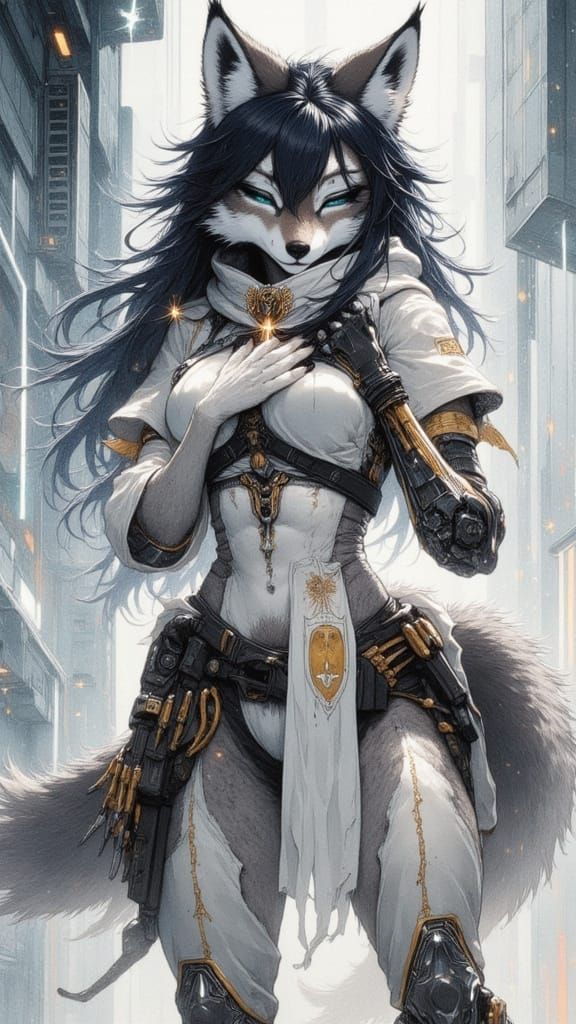 Sci-Fi Hangar with Furry Wolf in Expressionist Watercolor