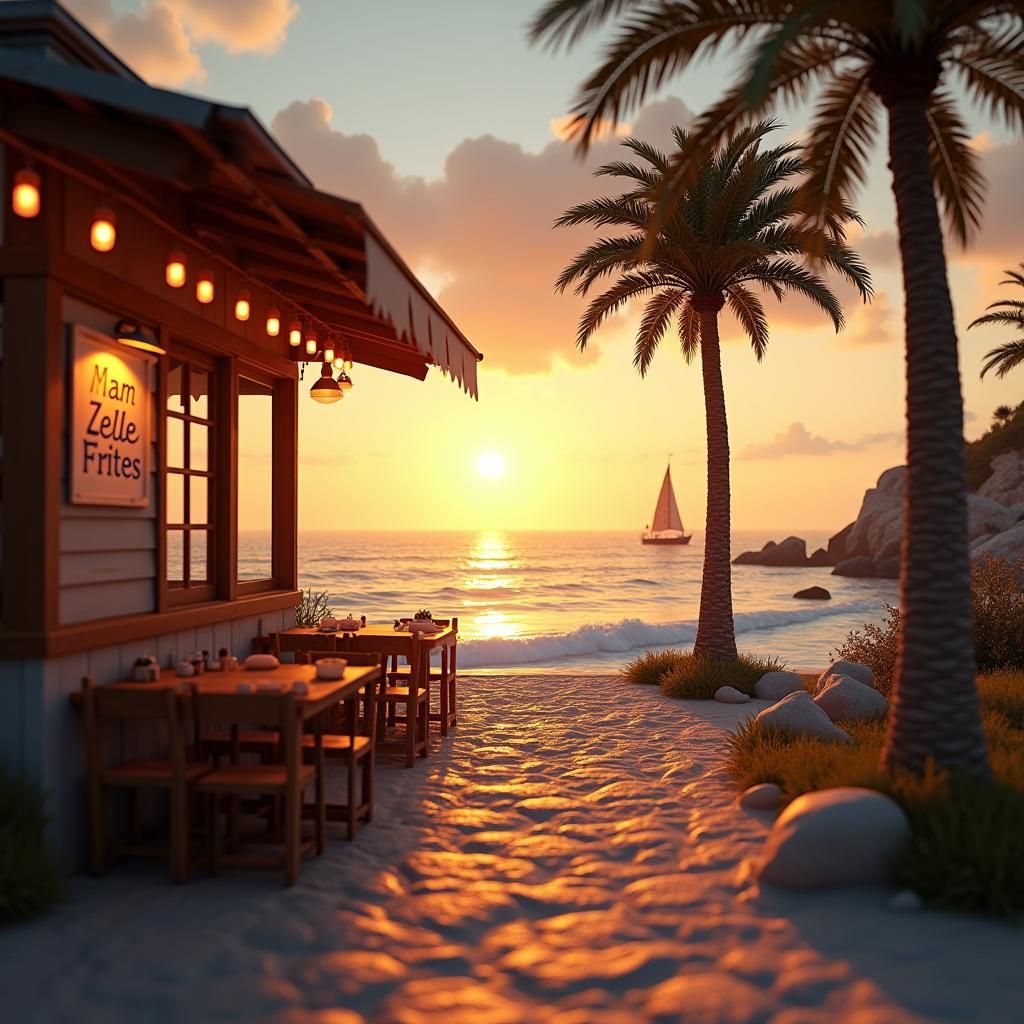 Beachside Bistro 'Mam Zelle Frites' at Sunset in 3D