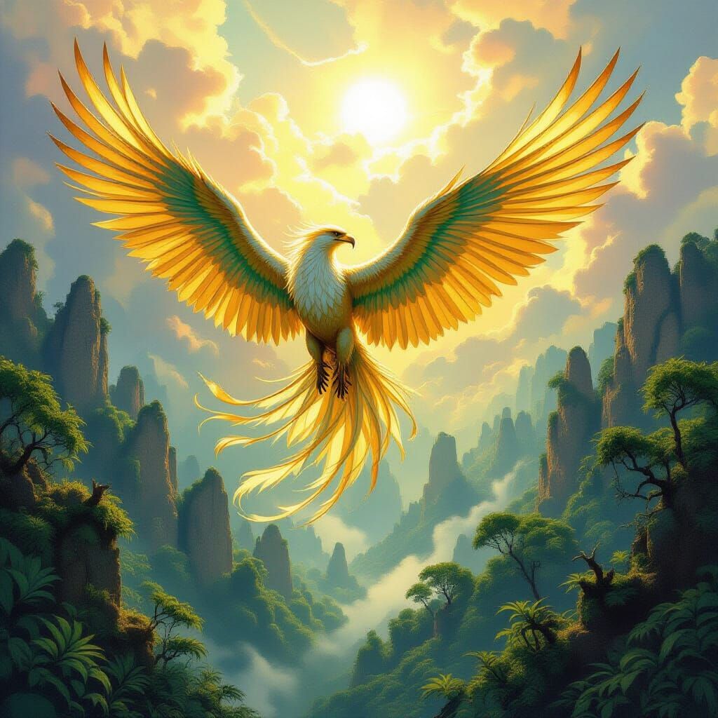 Griffin Soaring Above Ancient Forest in Fantasy Art Style
