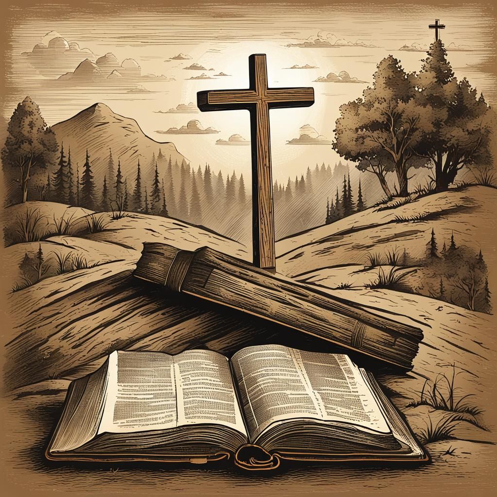 Wooden Cross, Old Bible, and Faith: Storybook Illustration