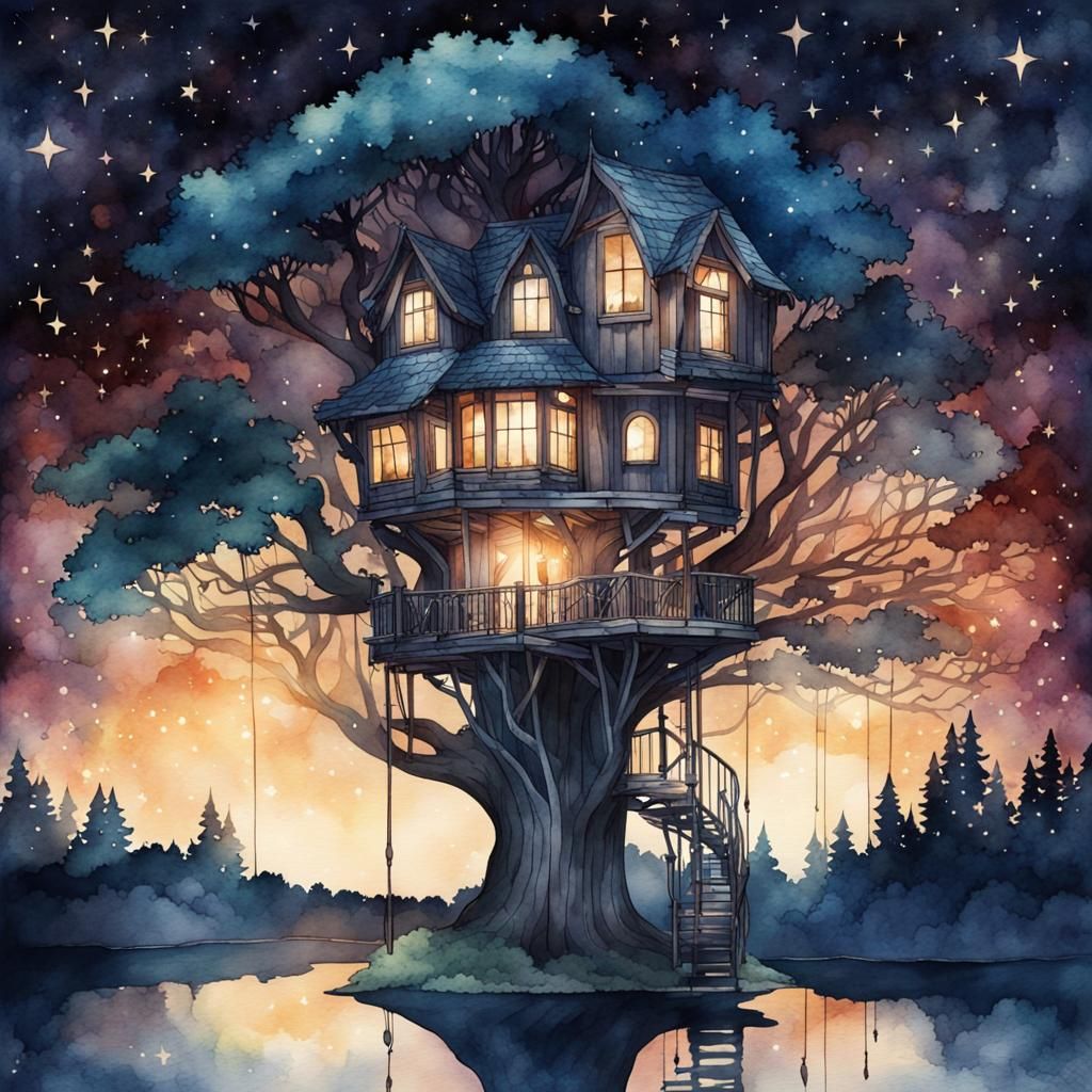 Art Nouveau Treehouse at Night in Watercolour