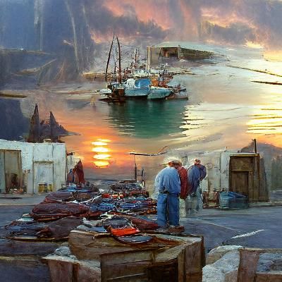 Picturesque Fishing Port at Sunset as Oil Painting