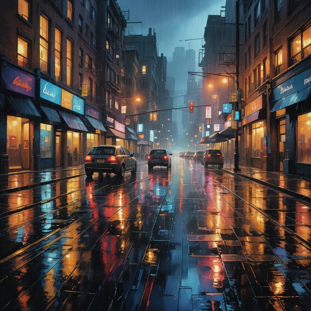 Rainy Cityscape at Dusk in Oil Painting Style
