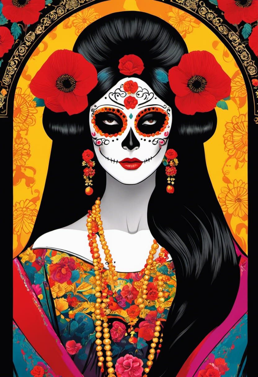 Mexican Geisha Portrait in Klimt Style with Dia de los Muert...