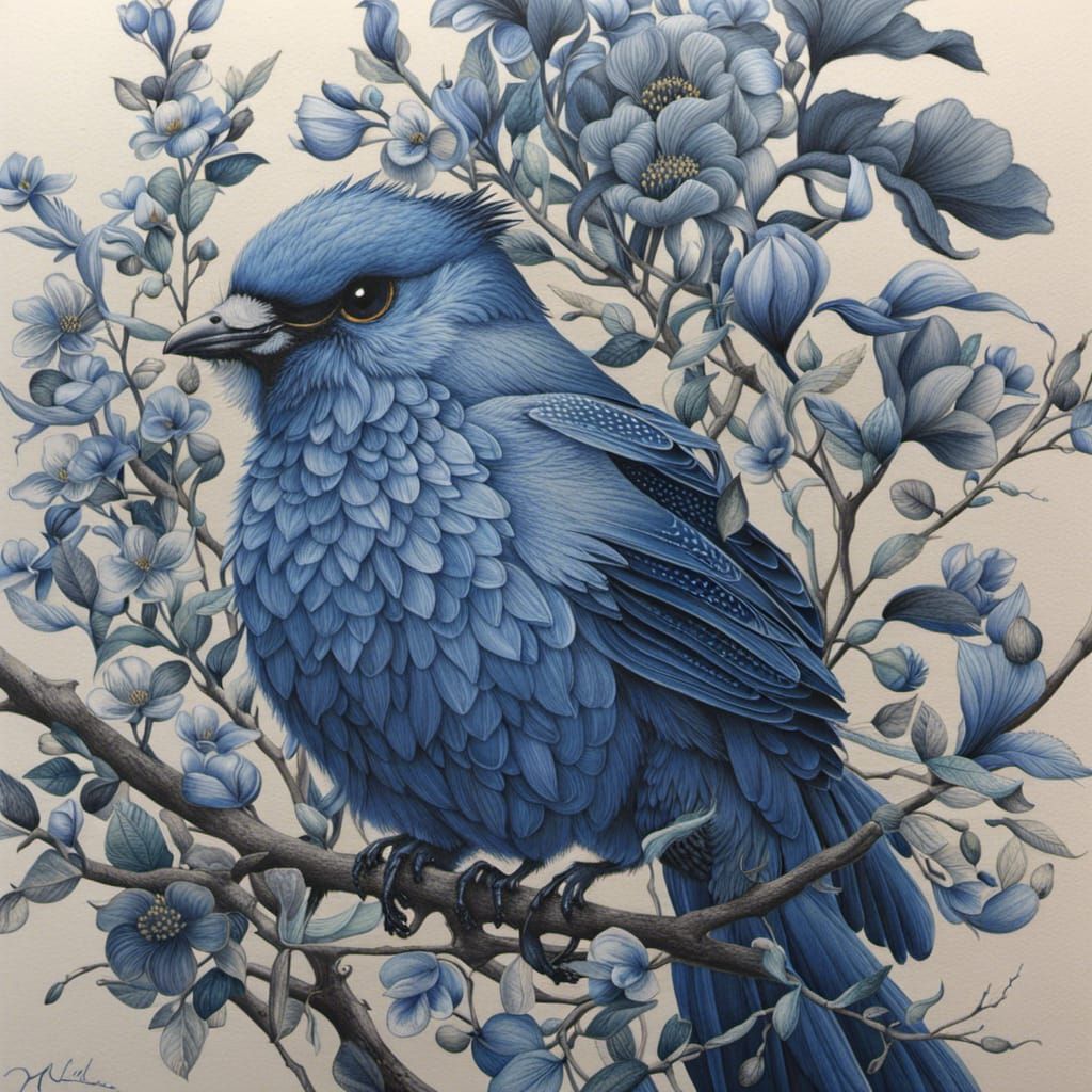 Intricate Blue Ink Botanical Drawing