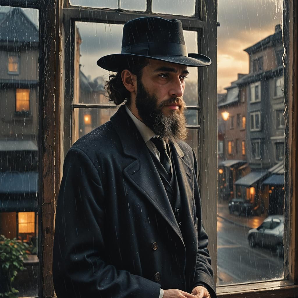 Hasidic Man Observes Rainy Day, Fantasy Concept Art