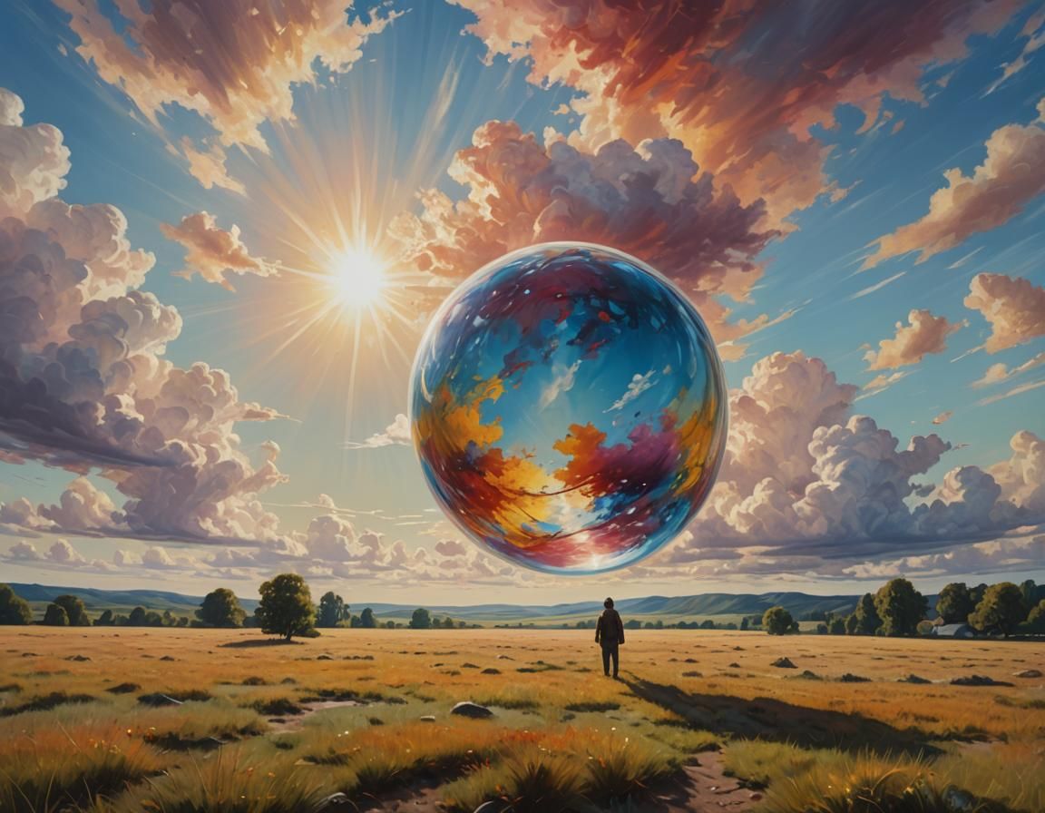 Orb Looms Over Sunny Landscape in Oil Painting