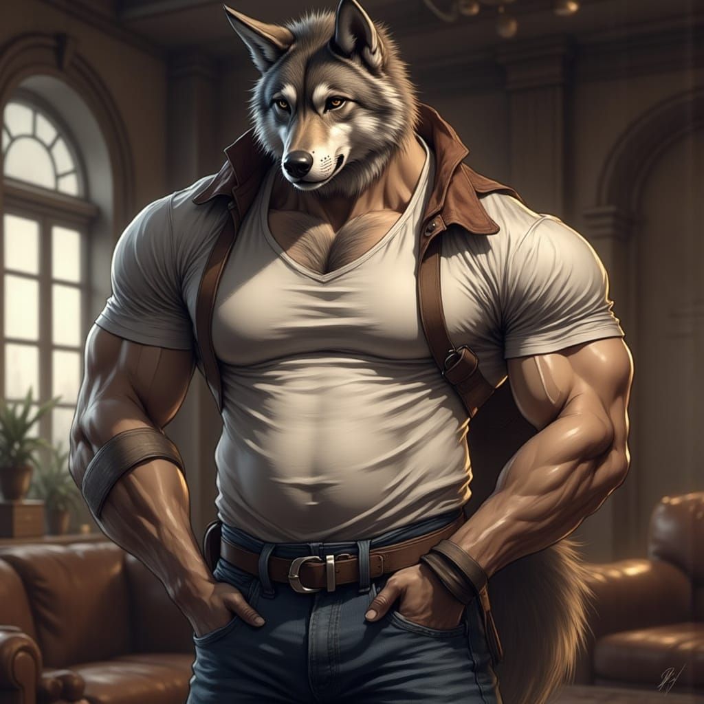 Wolf Bodybuilder with Round Belly in Living Room