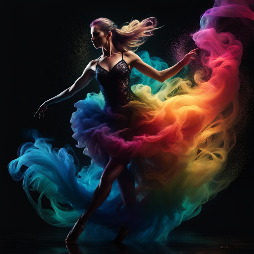 Female Dancer in Rainbow Smoke, Splash Art Style