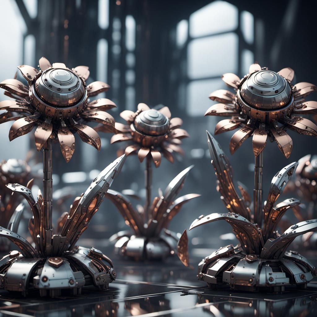 Intricate Metal Flowers in Sci-Fi Landscape