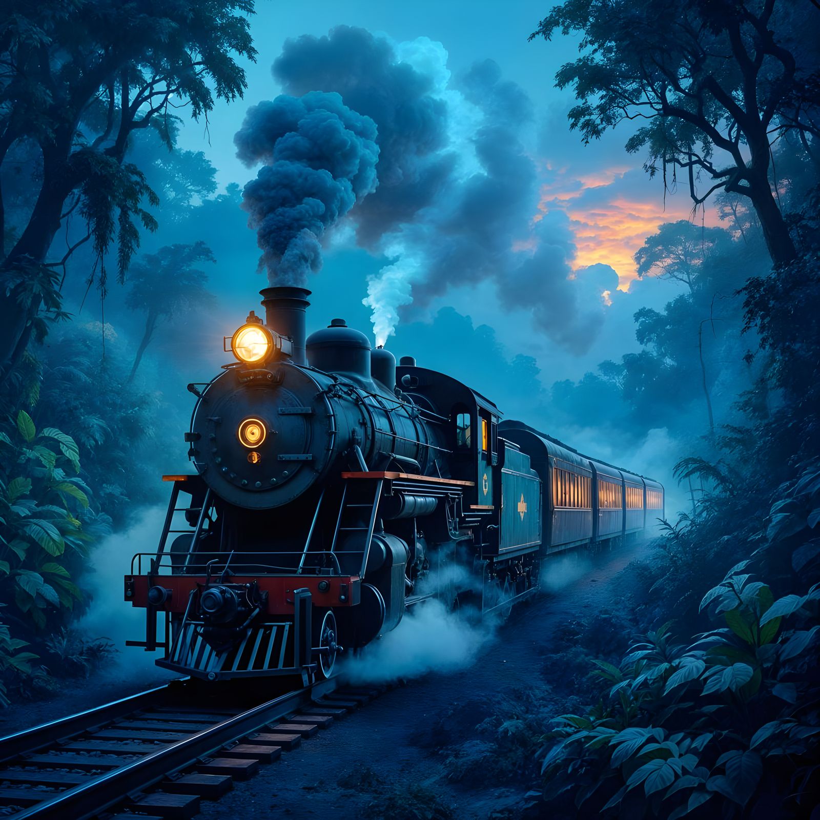Steam Train in Bioluminescent Jungle at Twilight