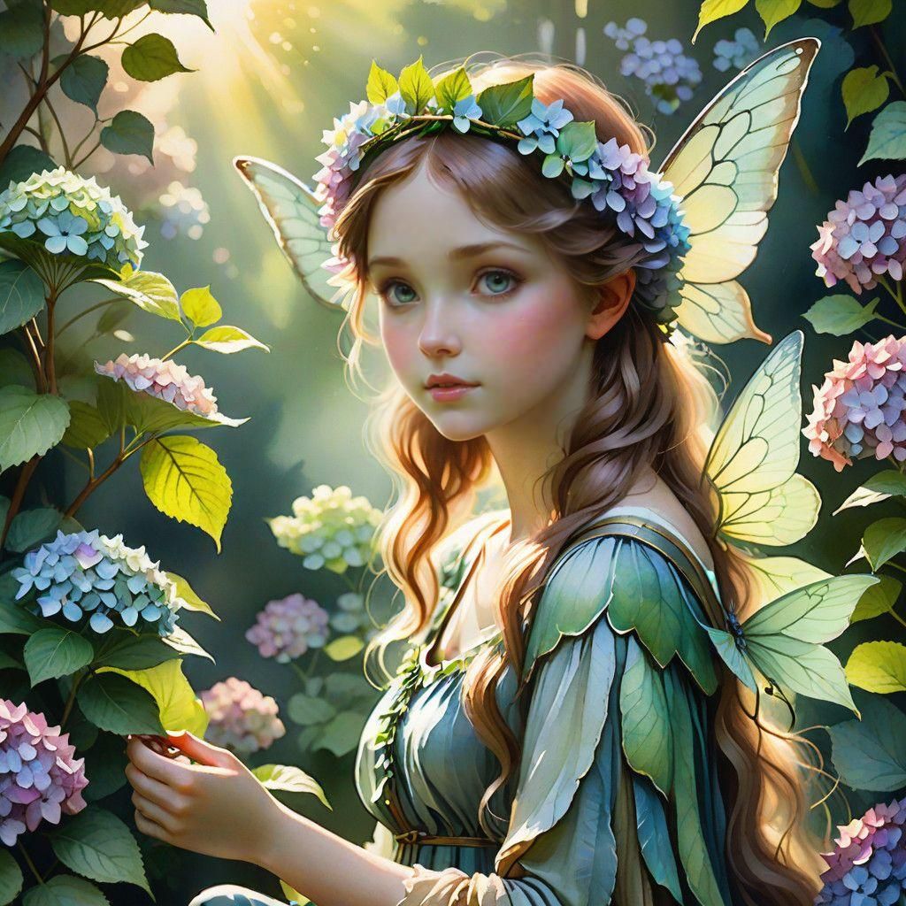 Whimsical Fairy Amidst Vibrant Hydrangeas Blooms