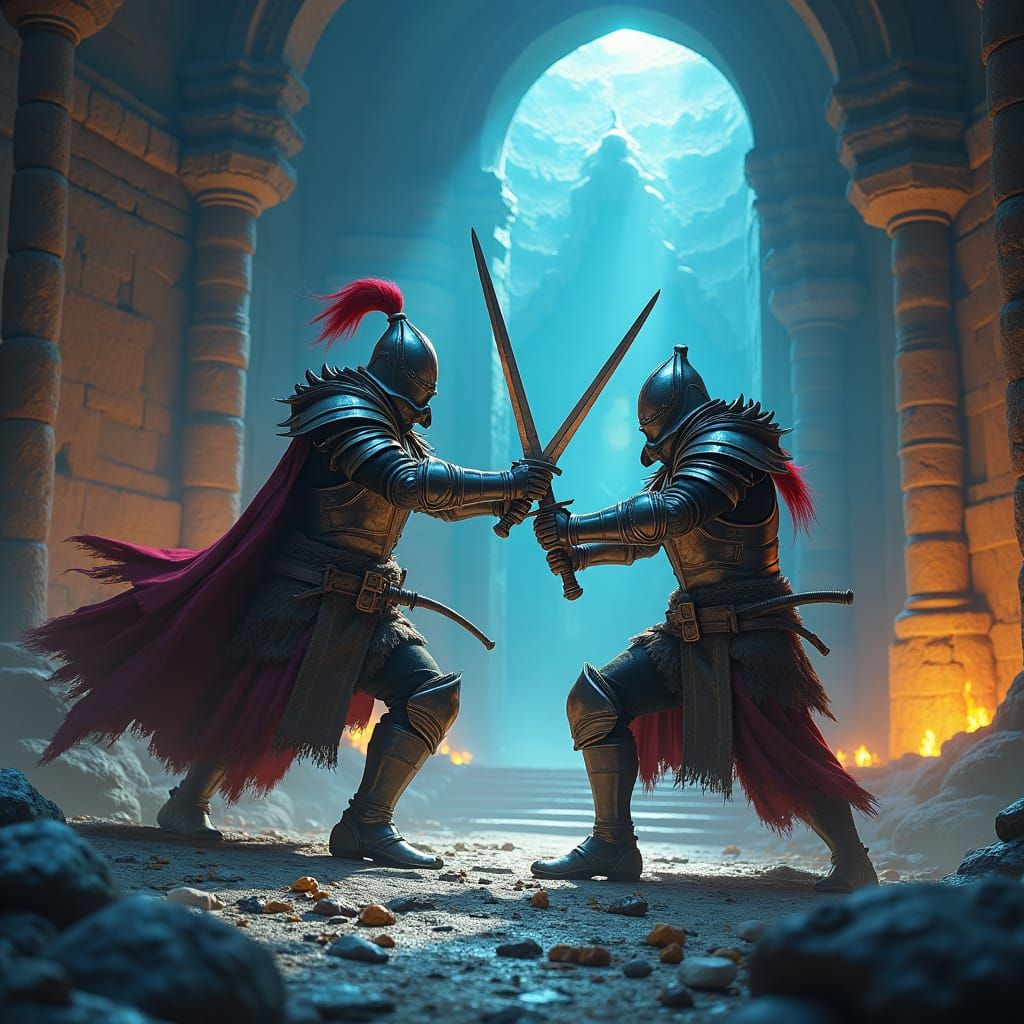 Armored Warriors Clash Swords in Mystical Chamber