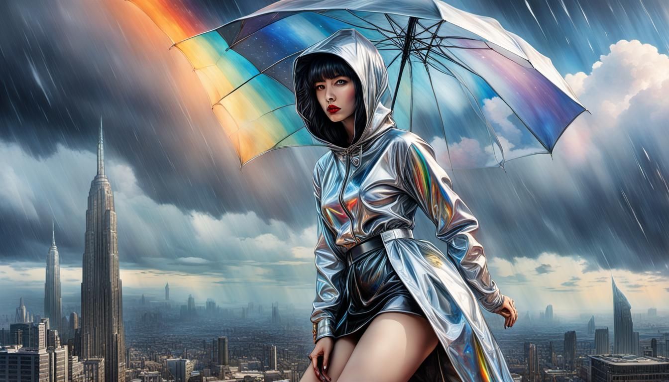 Cyberpunk Dragon Rider in Retro Sci-Fi Landscape