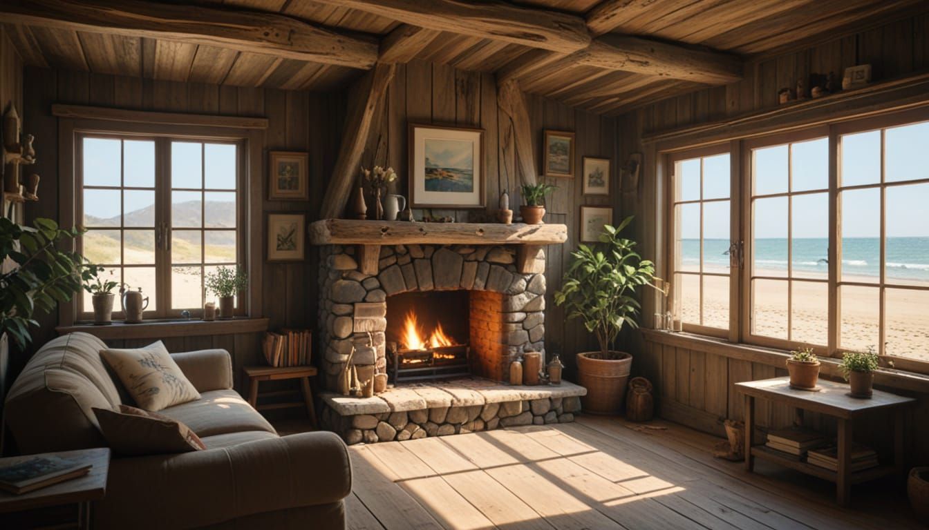 Cozy Driftwood Cottage on Beach Studio Ghibli Style