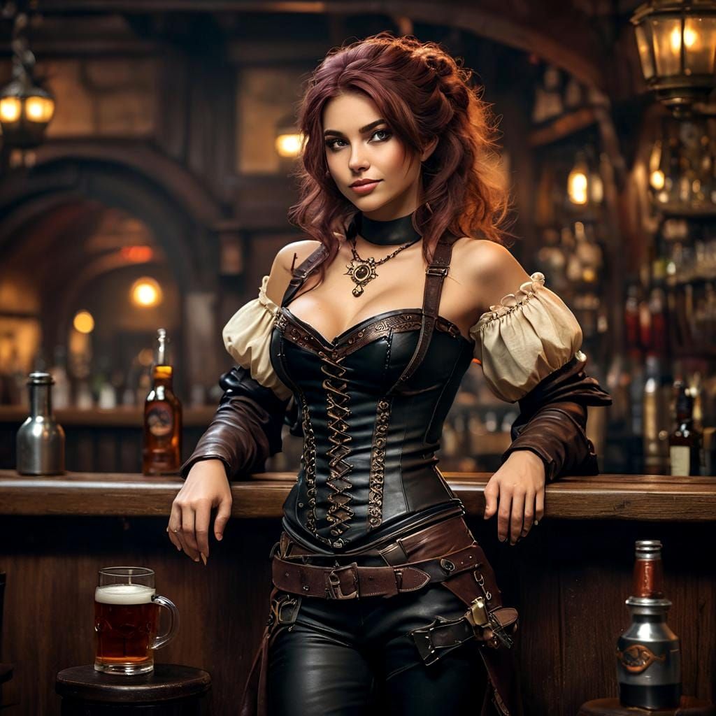 Steampunk Smuggler in Medieval Tavern, Hyperrealistic Art