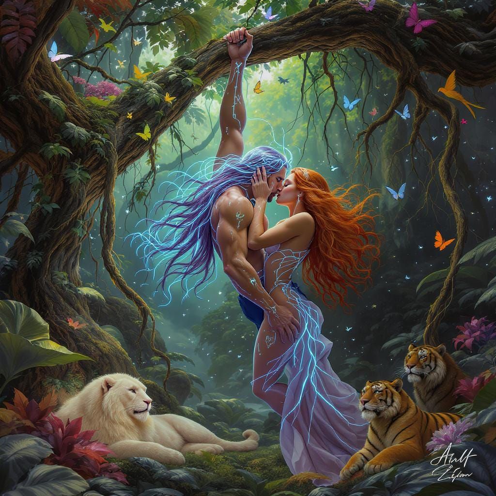 Romantic Jungle Kiss in Illustrated Fashion Style