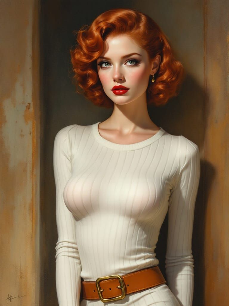 1950s Pin-Up Woman With Red Curls in Soft Light