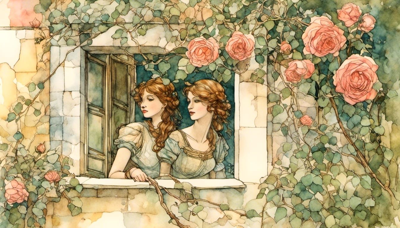 Greek Detectives in Rose Garden: Arthur Rackham Watercolor