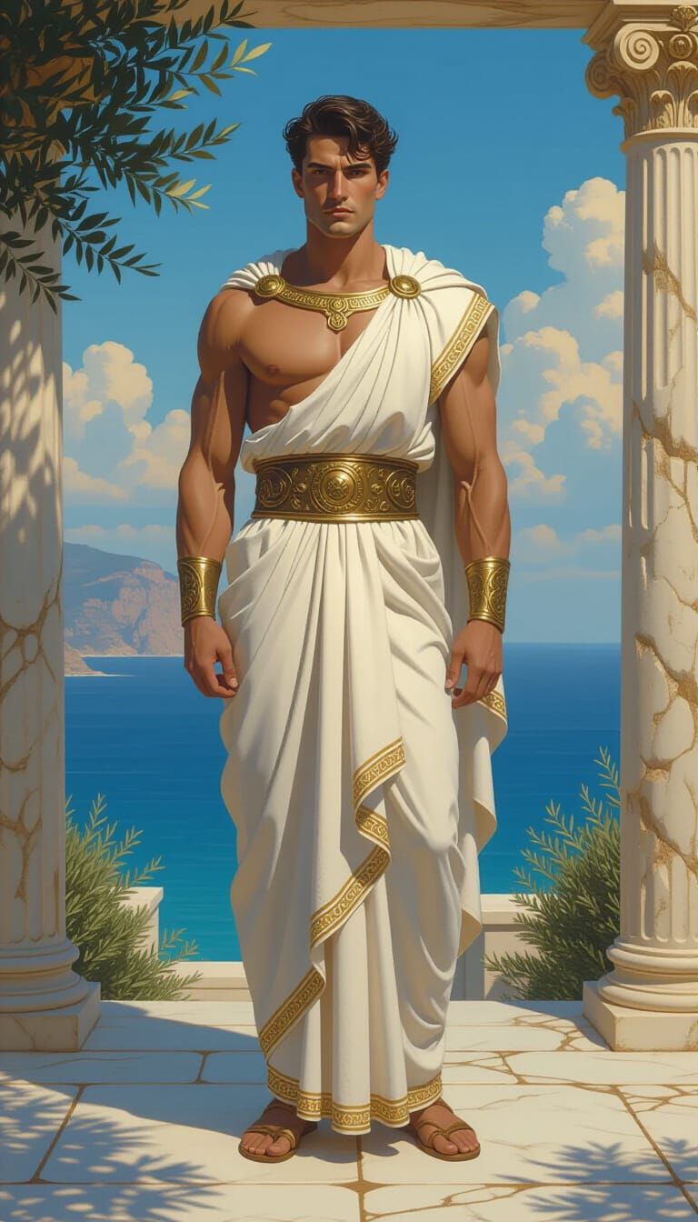 Noble Greek Man on Aegean Terrace in Mythic Realism