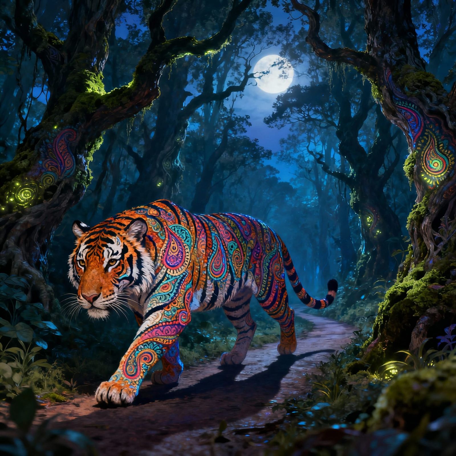 Paisley Tiger in Mystical Forest at Twilight
