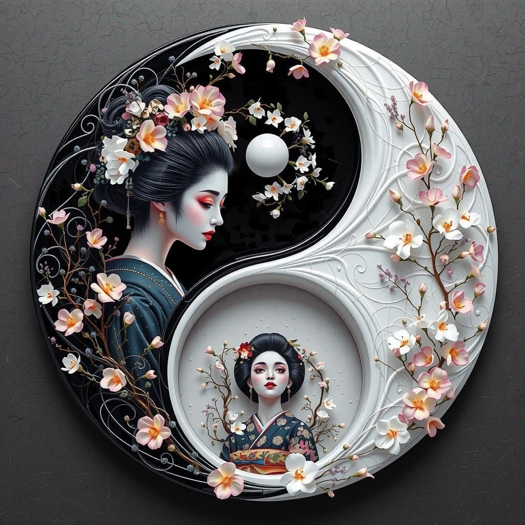 Elegant Yin Yang Symbol with Geishas and Ceramic Flowers in...