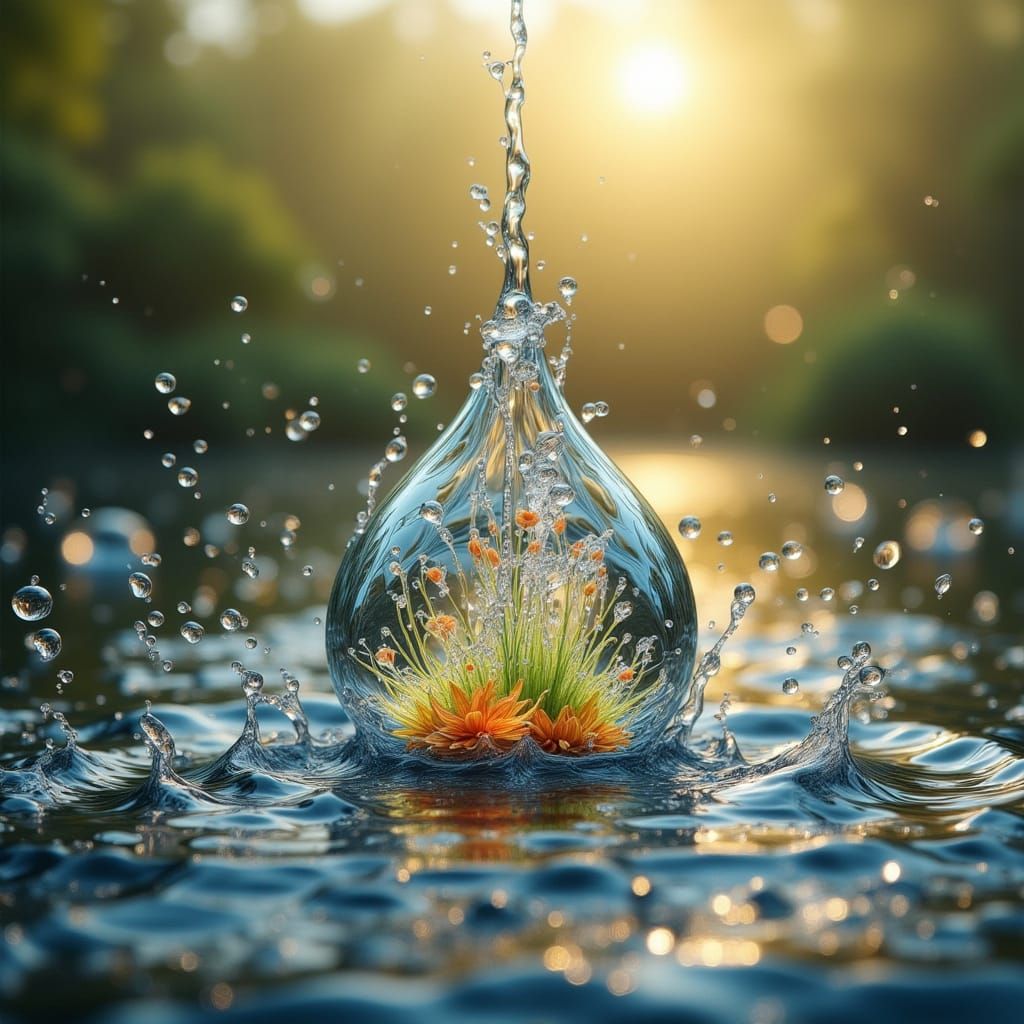 Golden Hour Lake Splash with Miniature Ecosystems