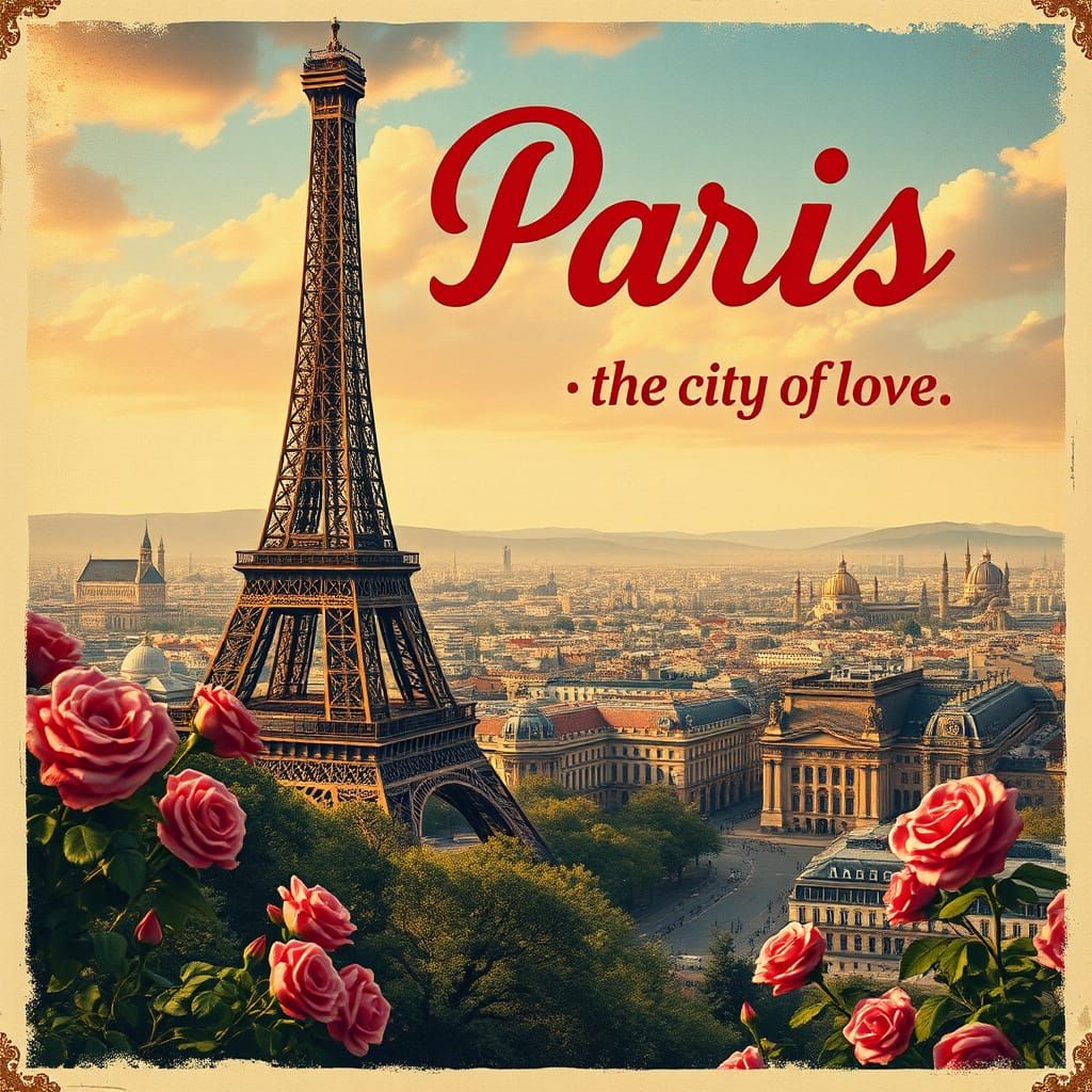 Vintage Travel Poster: Eiffel Tower, Paris Cityscape