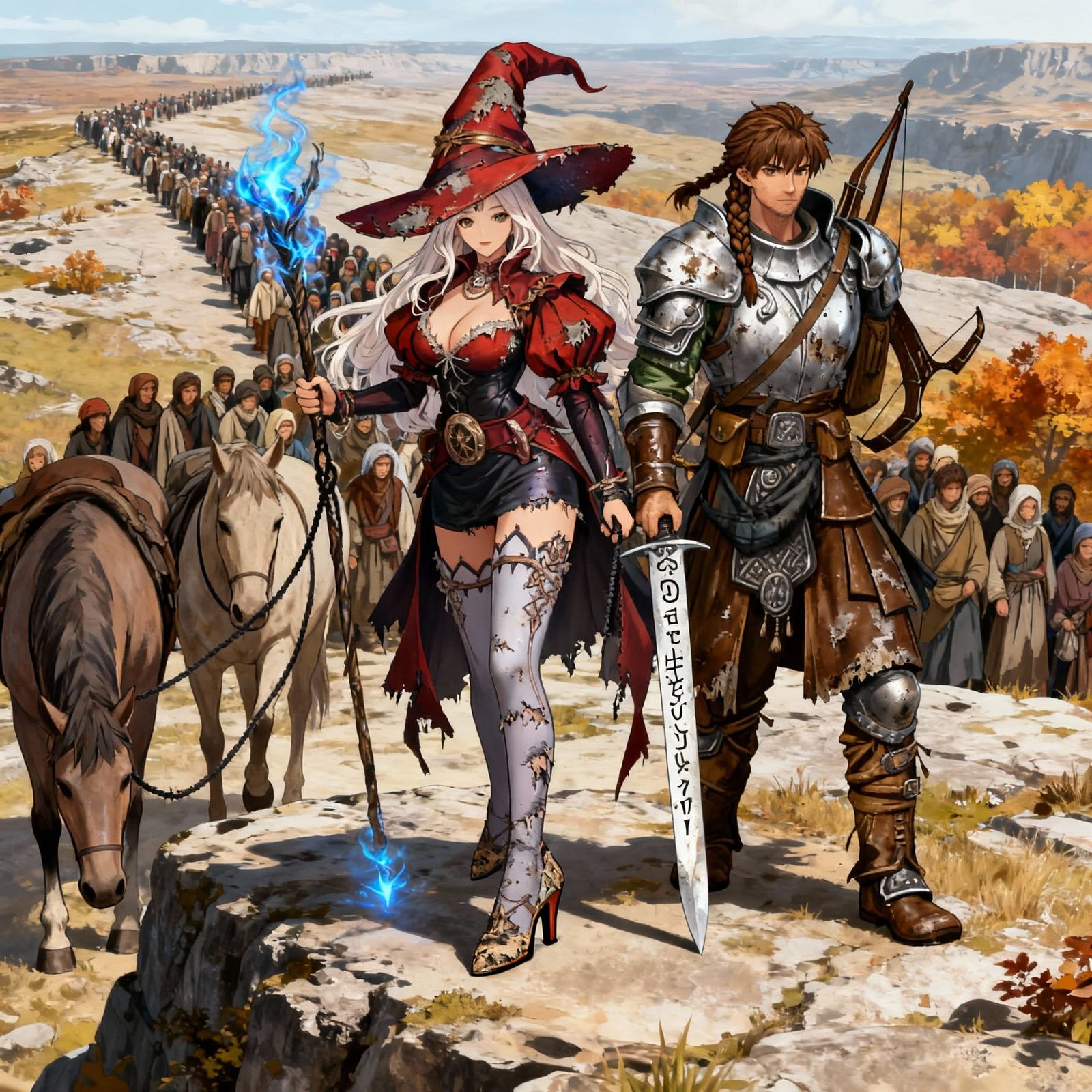 Couple Leads Refugees in Autumn Landscape