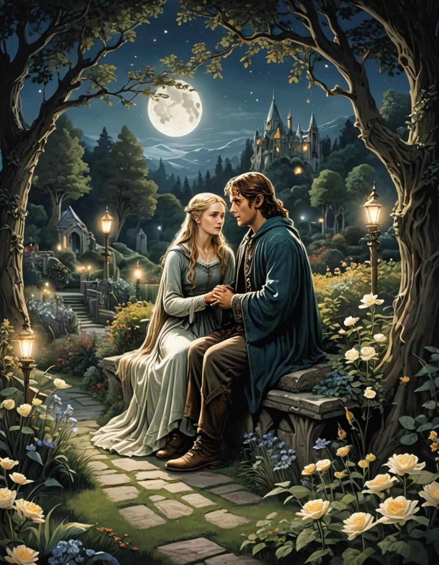 Couple in Moonlit Garden: Fantasy Scene