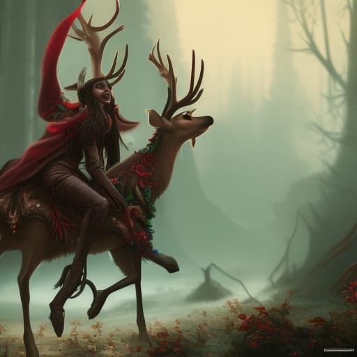 Macabre Christmas Elves Ride Deer: Dark Fantasy Art