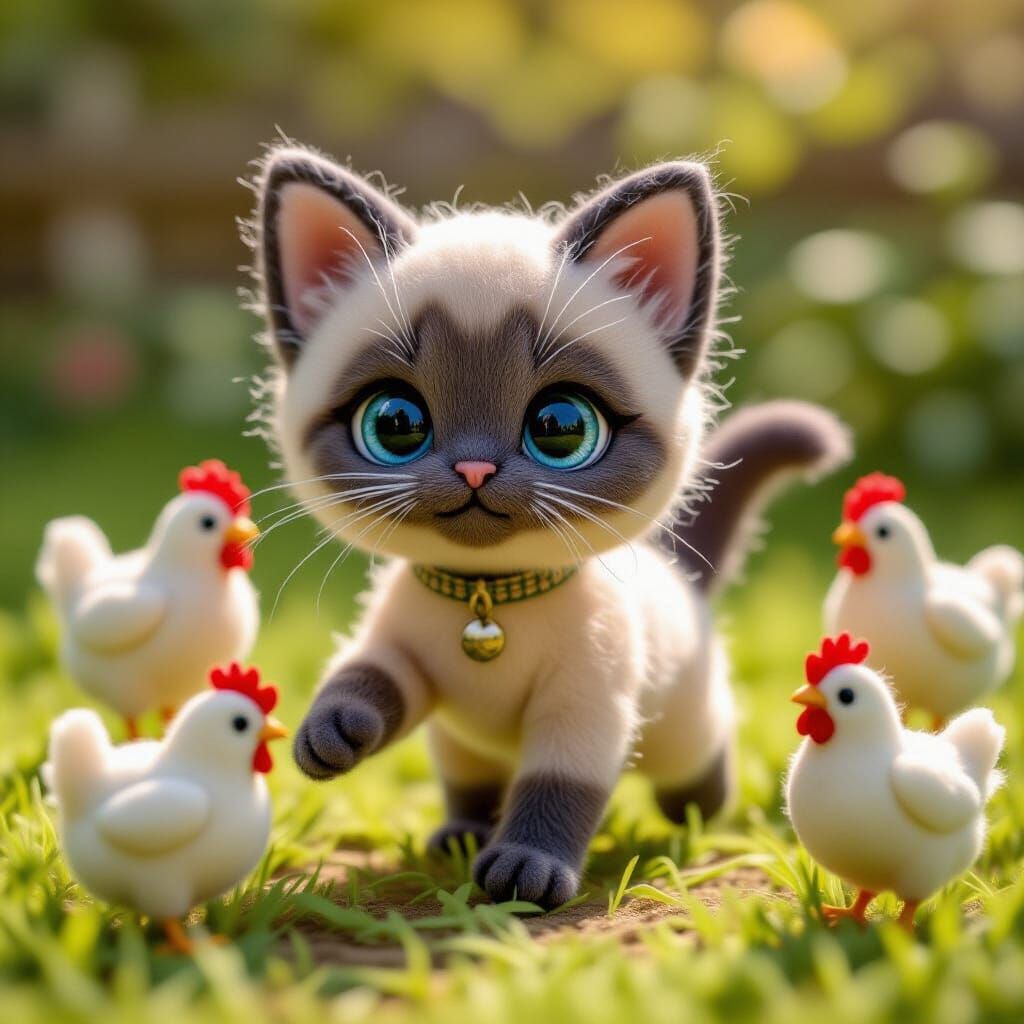 Adorable Felted Siamese Chibi Kitten in Sunny Yard