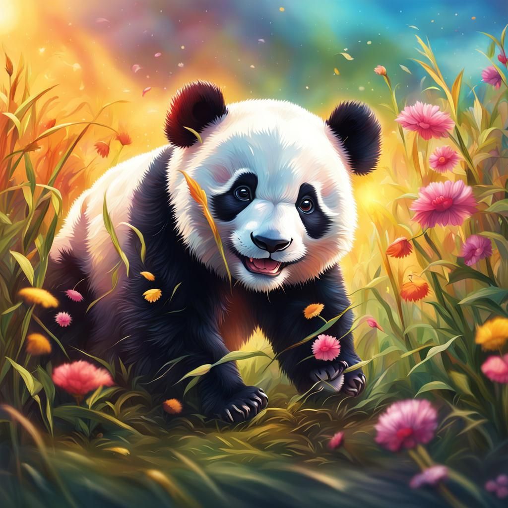 Hyperrealistic Baby Panda Playing in a Field