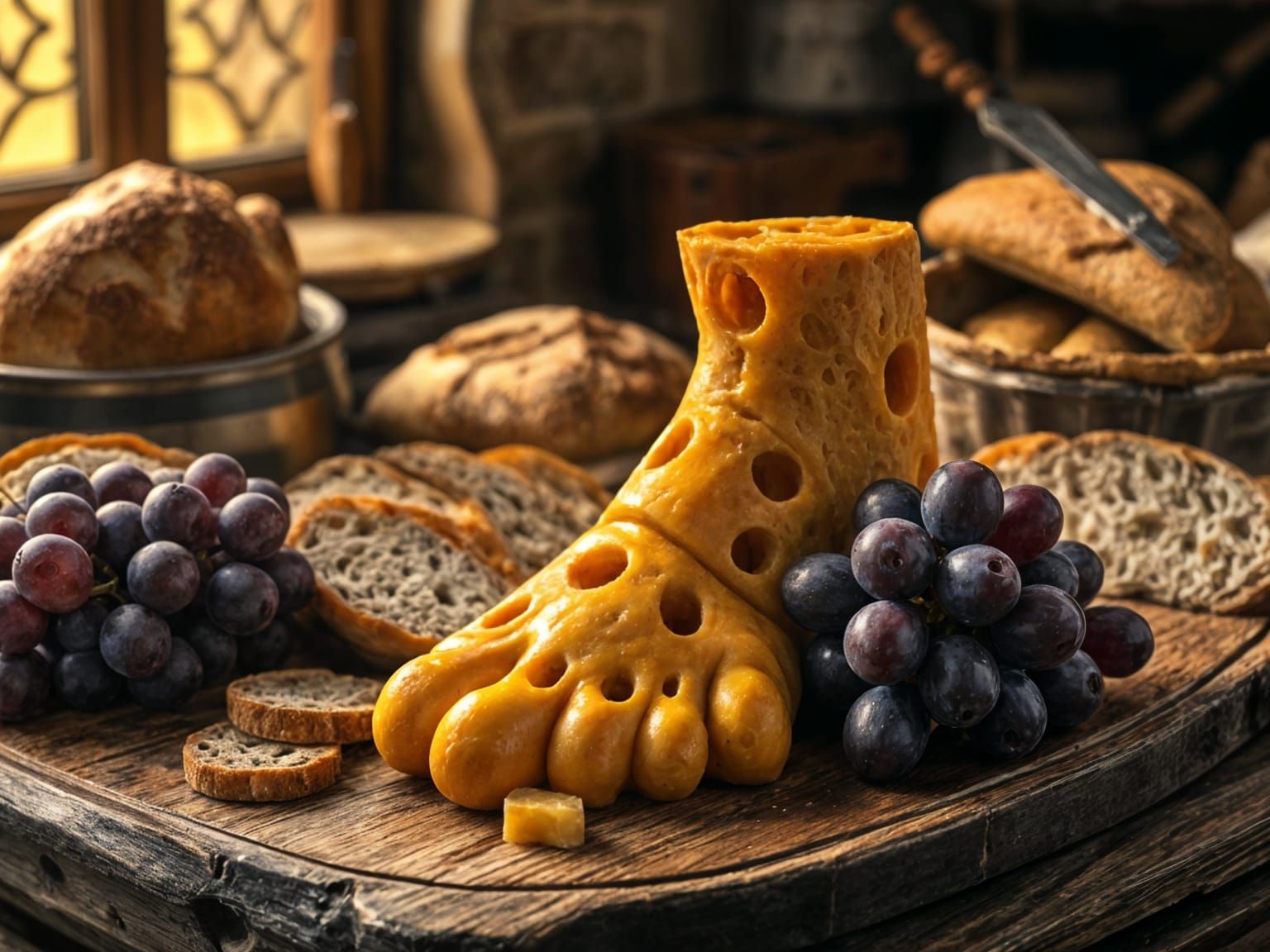 Medieval Foot of Cheese Platter with Bread and Grapes