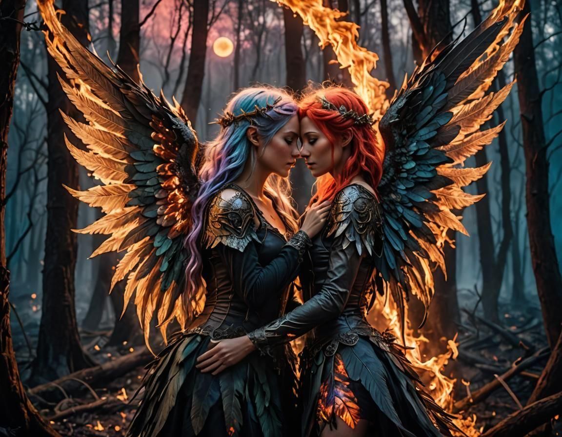Fairies Embrace Amidst Burning Forest