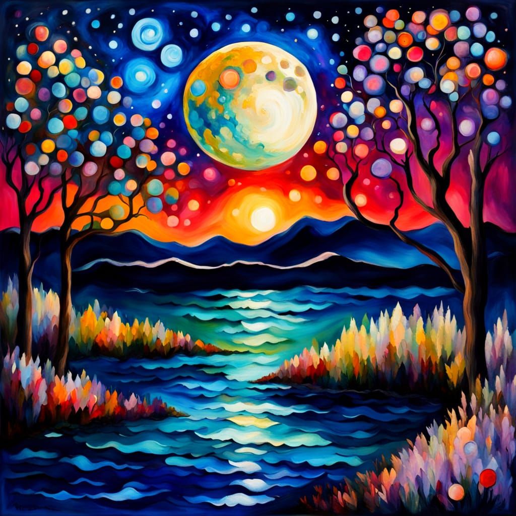 Whimsical Moonlit Dreamscape in Vibrant Colors