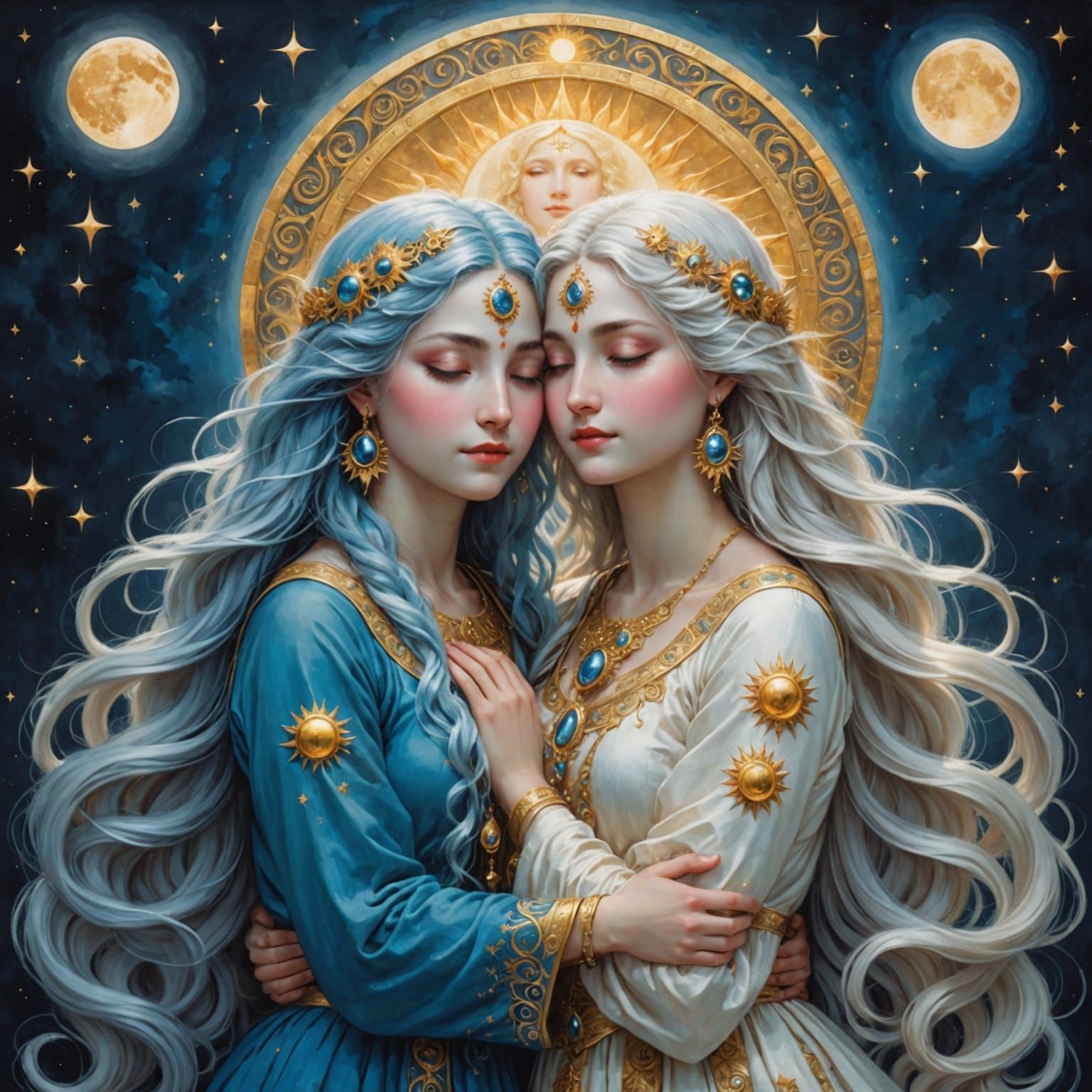 Celestial Goddesses in Tender Embrace