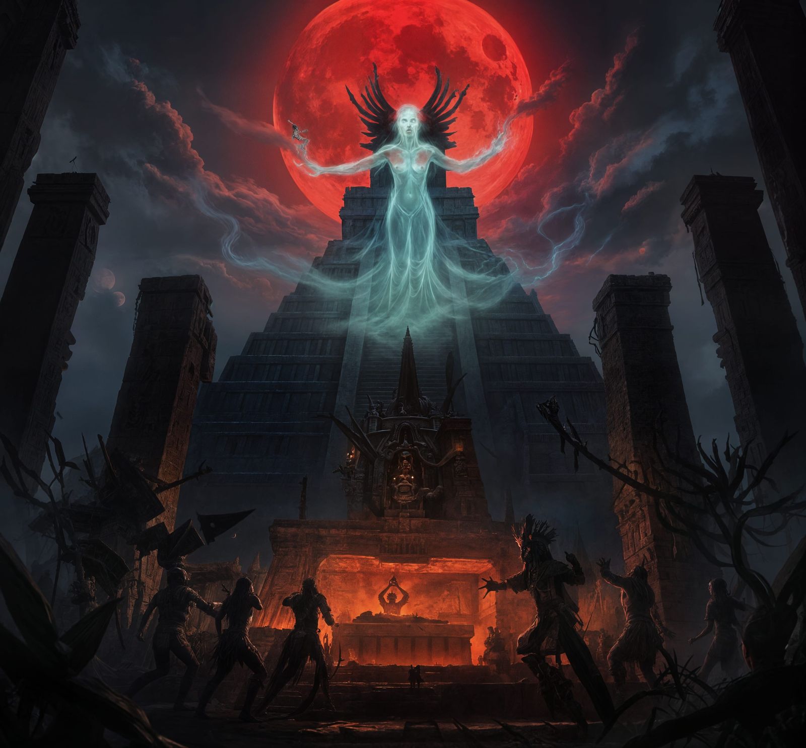 Aztec Dark Ritual Summoning Ghost on Pyramid