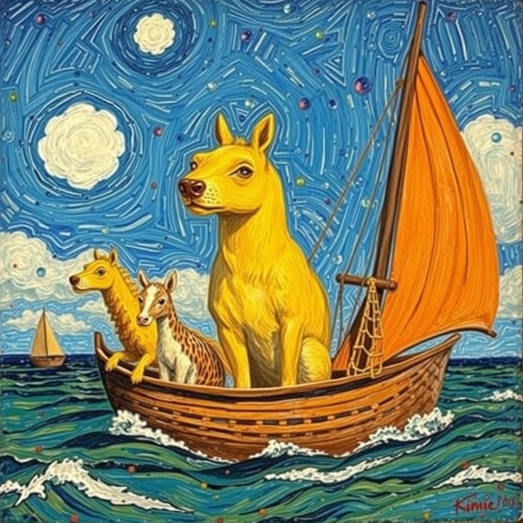Animals Leaving Noah's Ark in Post-Impressionist Style