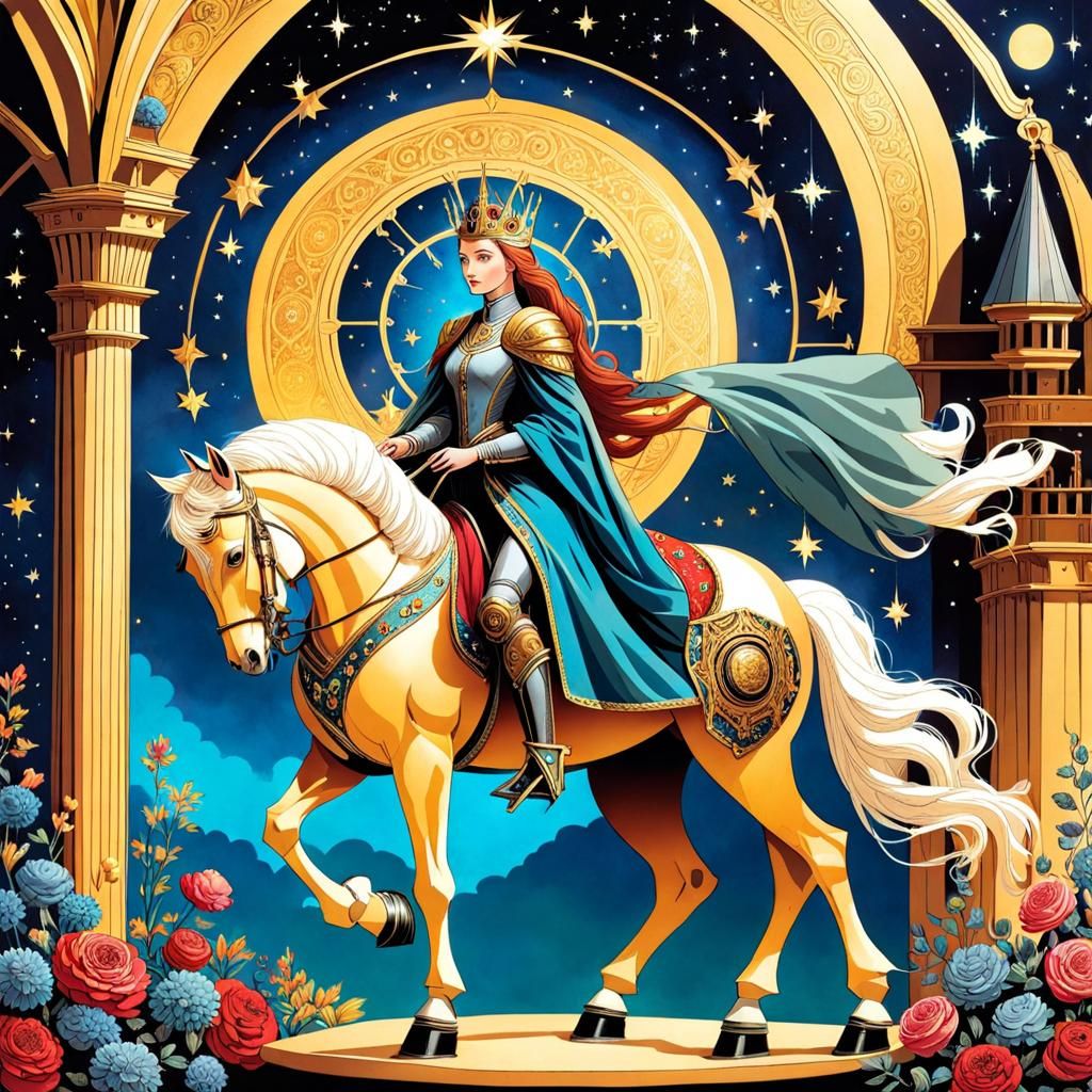 Medieval Sci-Fi Princess on Robotic Horse in Space