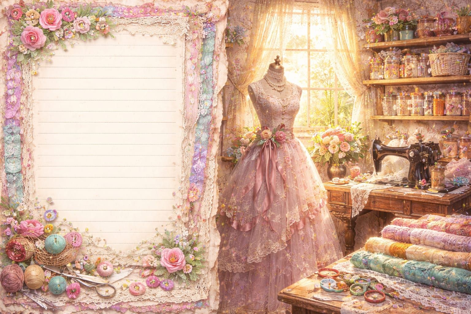 1800s Seamstress Workroom in Pastel Watercolor Style