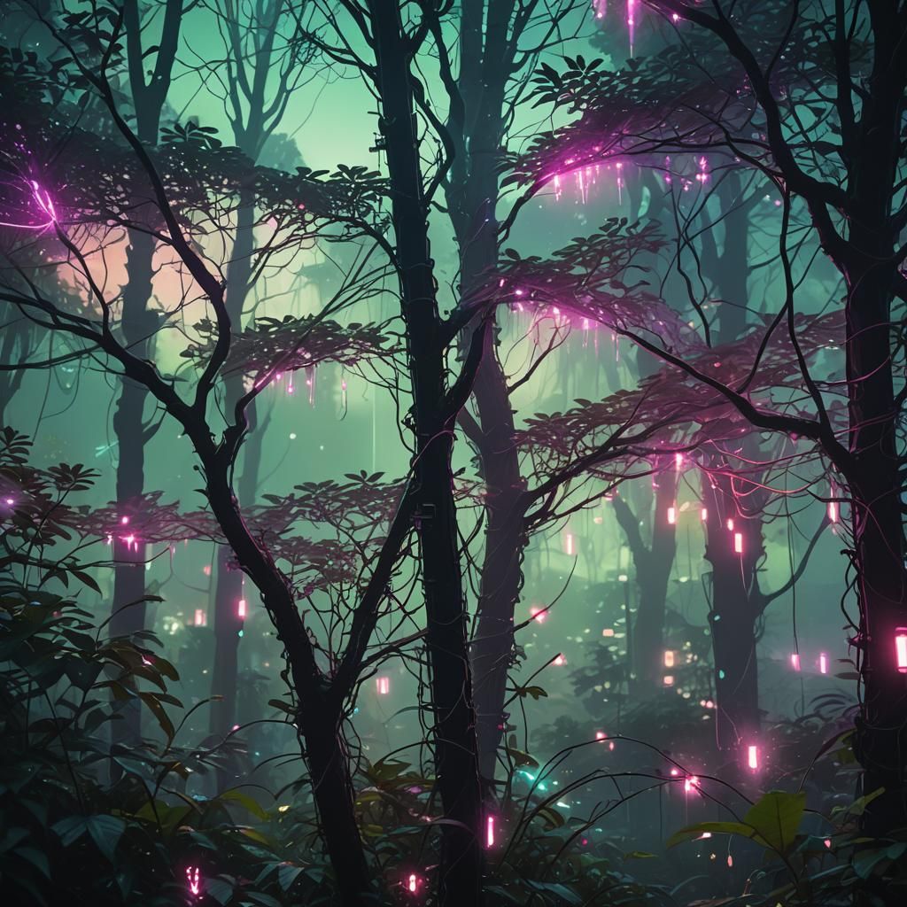 Cyberpunk Forest at Dusk with Fireflies and Neon Lights
