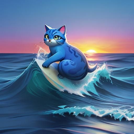 Blue Cat Rides Waves: Pixar-Style 3D Art