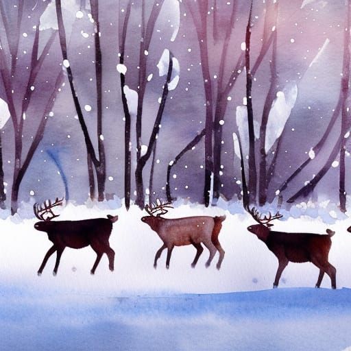 Sami Woman Herding Reindeer in Winter Watercolor