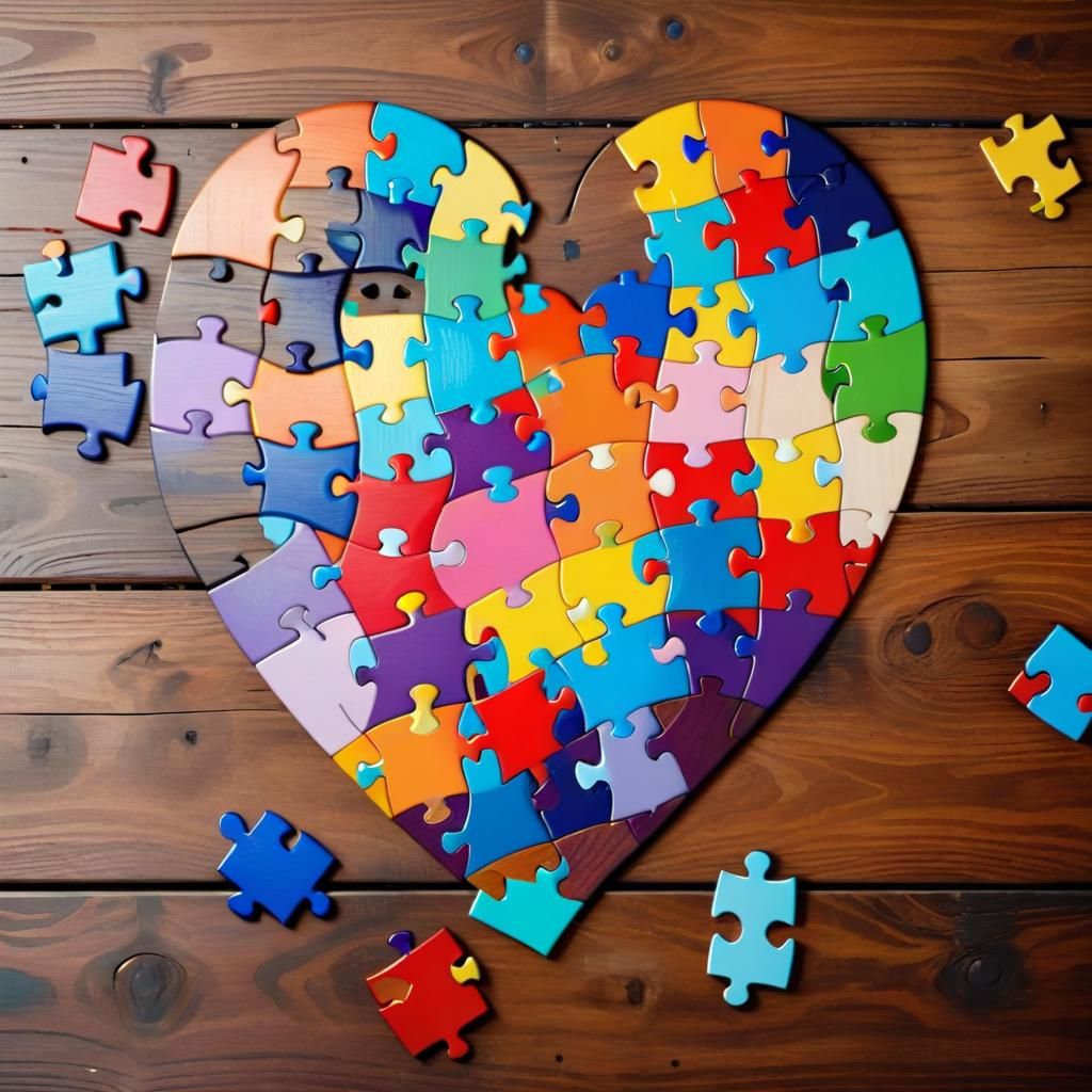 Autism Awareness: Colorful Puzzle Heart on Wood