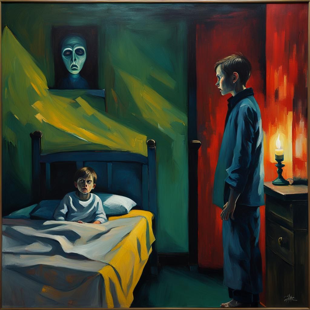 Expressionistic Child Beside Shrouded Figure