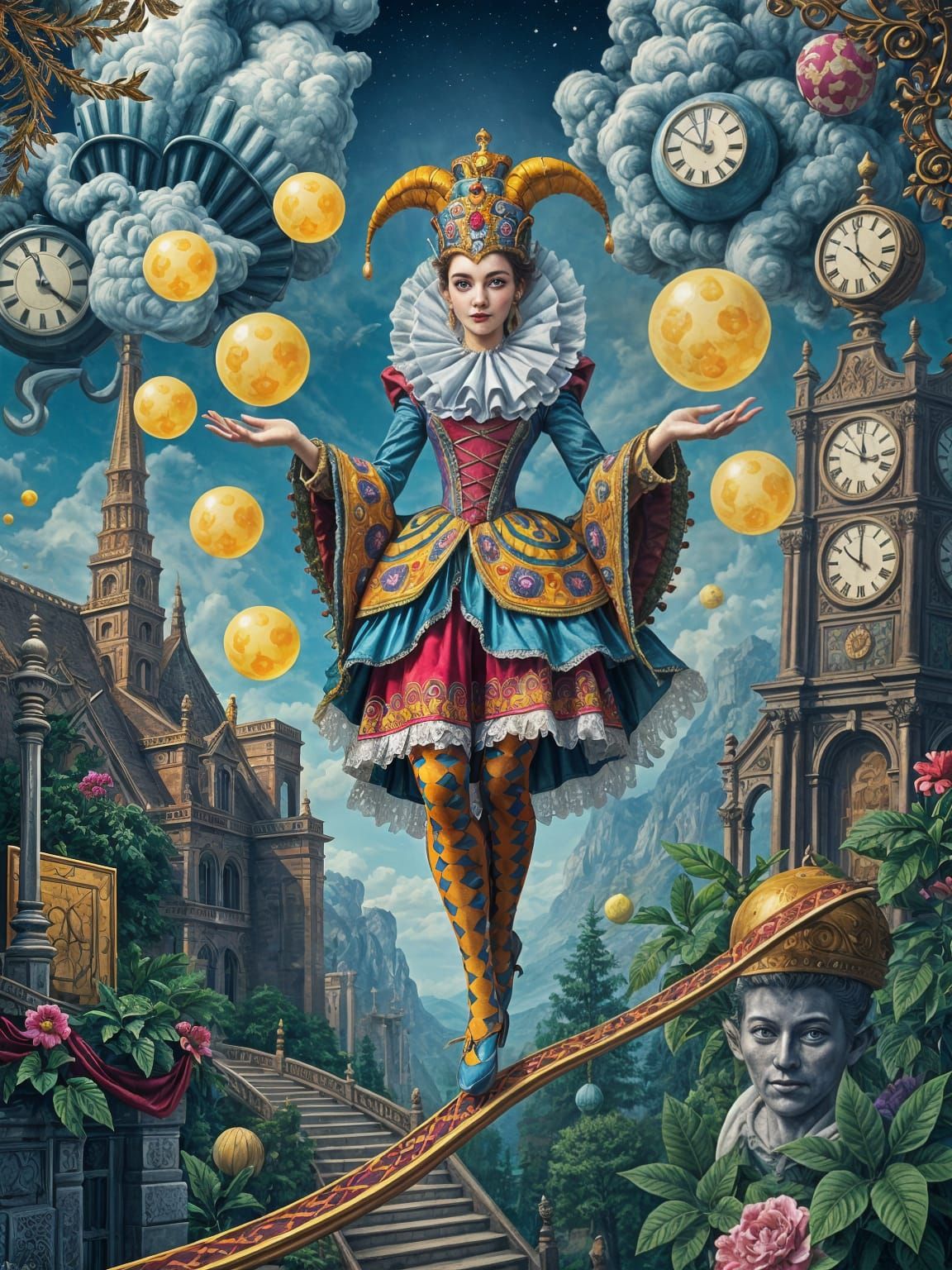 Whimsical Jester Girl Juggles with Mirthful Abandon
