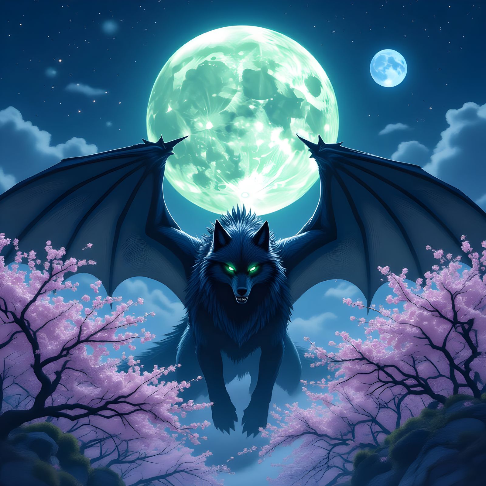 A giant black dire wolf dragon with wings standing in a grov...