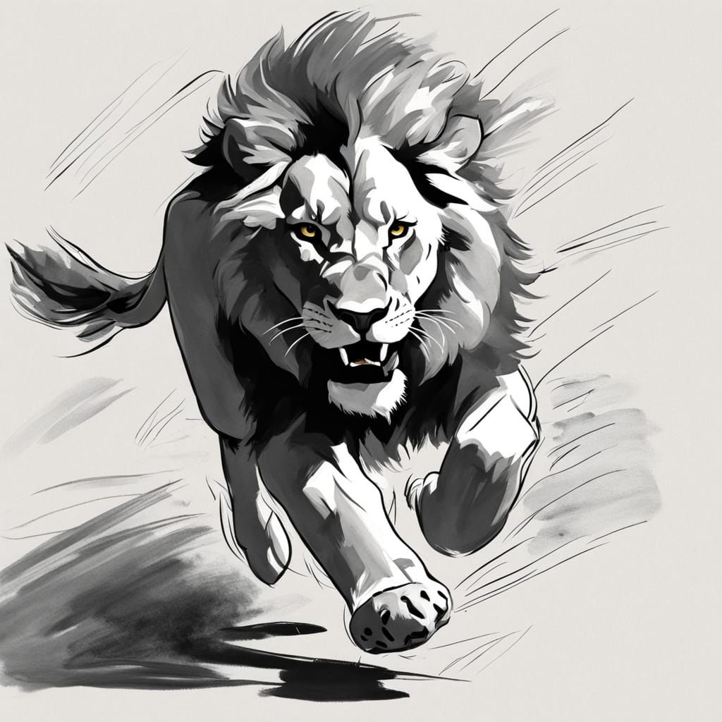 Lion Running with Bold Gestural Pencil Strokes